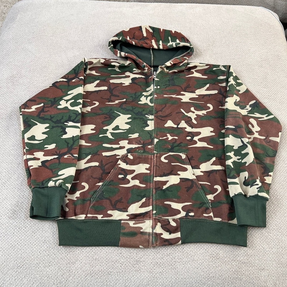 Vintage 1970s Camo Full Zip Hoodie Waffle Lined XL Woodland Camouflage Thermal